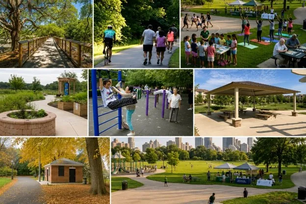 Collage of multiple park images, showing walking paths, cyclists, children playing, ornamental landscaping and hardscaping, and park amenities like bathrooms and a gazebo.