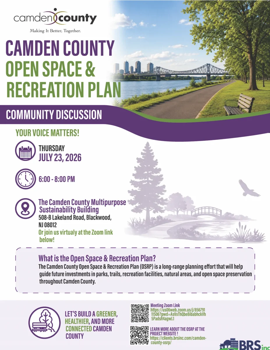 Flyer for 7/23 community discussion at the Camden County Multi-Purpose Sustainability Building.